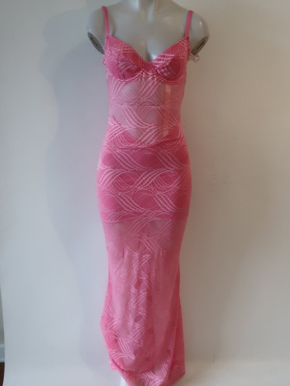 NWT Womens OW Pink Mesh Underwire Cup Flora Maxi Semi Sheer Dress US 8 (FITS S)